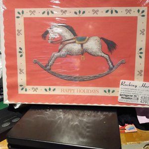 VINTAGE ROCKING HORSE HOLIDAY NAPKIN AND PLACEMENT SET